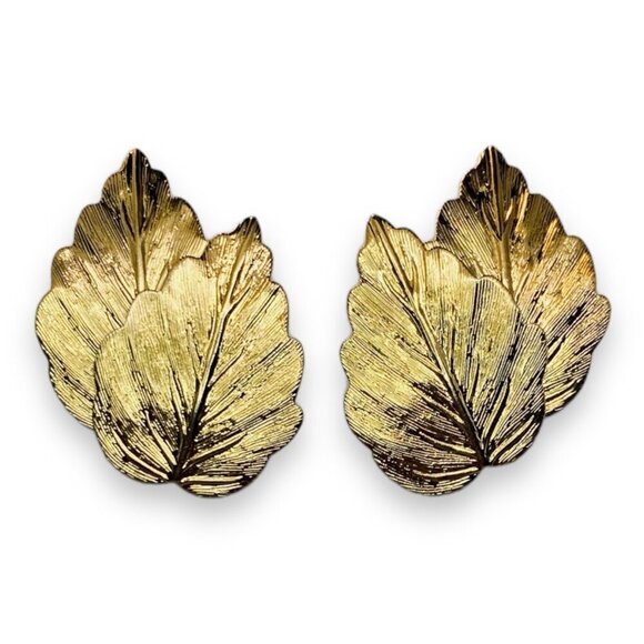 Vintage 50's-60's Crown Trifari Double Leaf Gold Tone Clip On Earrings - Picture 3 of 5